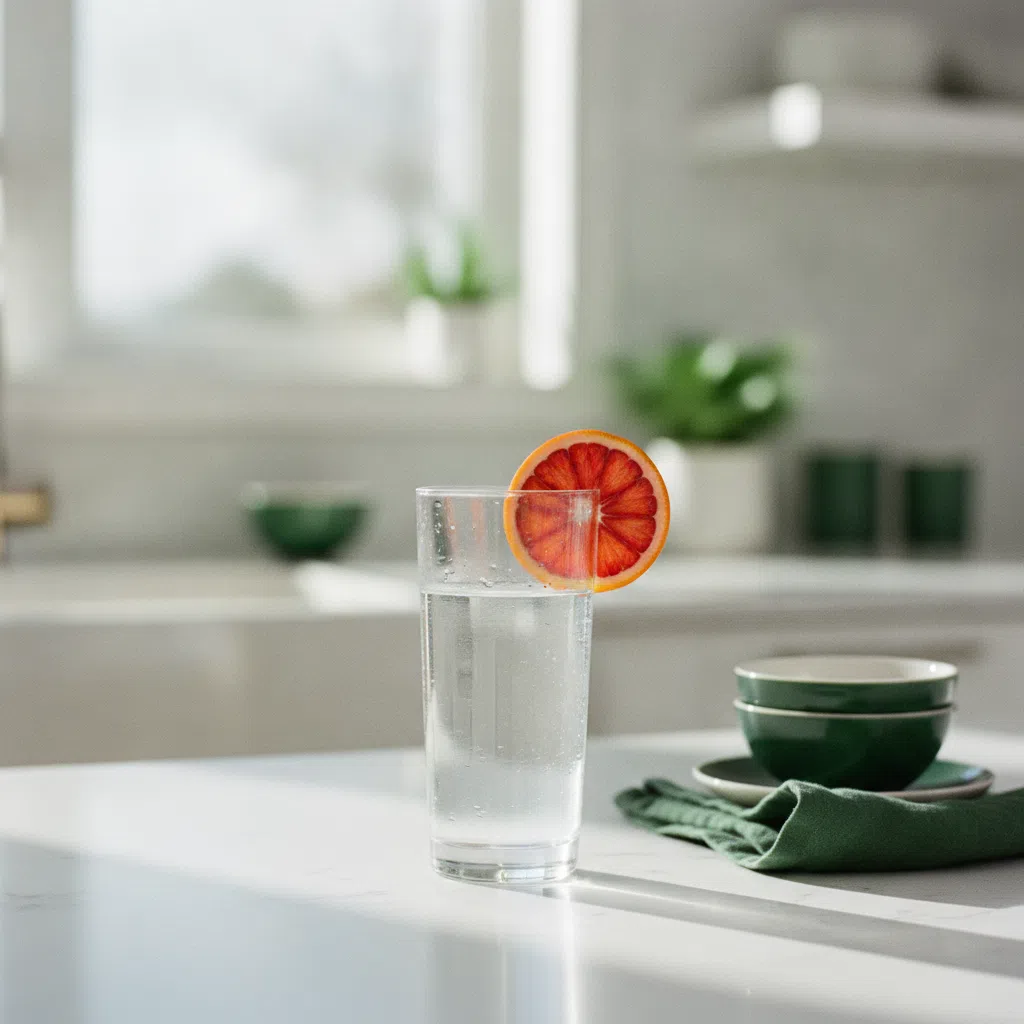 Glas water en een capsule op een helder keukentafel bij het ontbijt