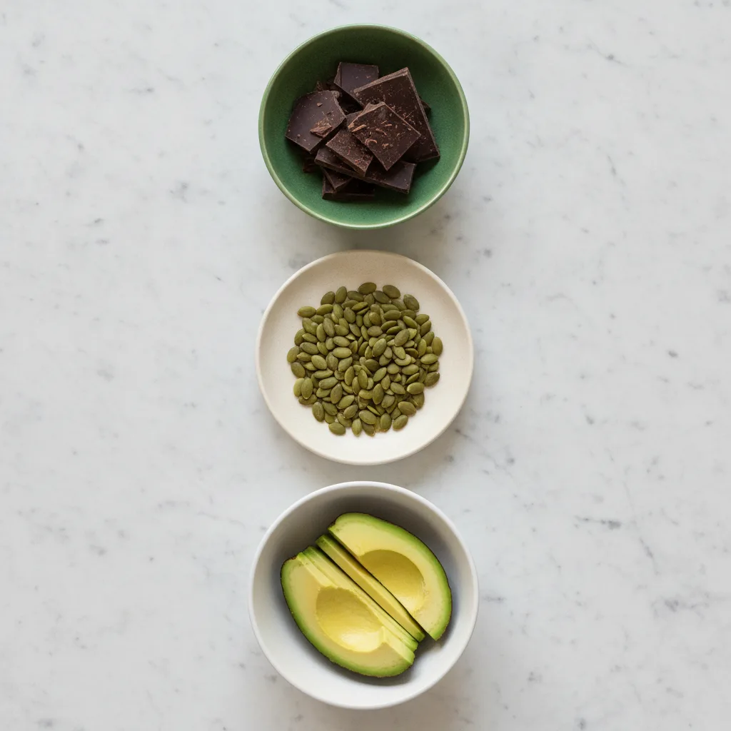 Pompoenpitten, donkere chocolade en amandelen in kleine kommen als bronnen van magnesium en zink