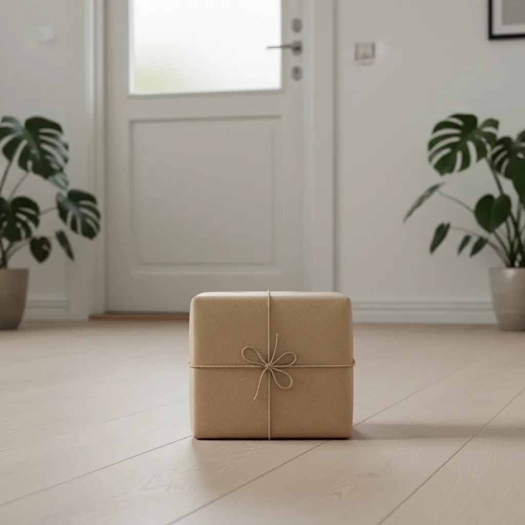 Een netjes verpakt pakket op een tafel bij de voordeur
