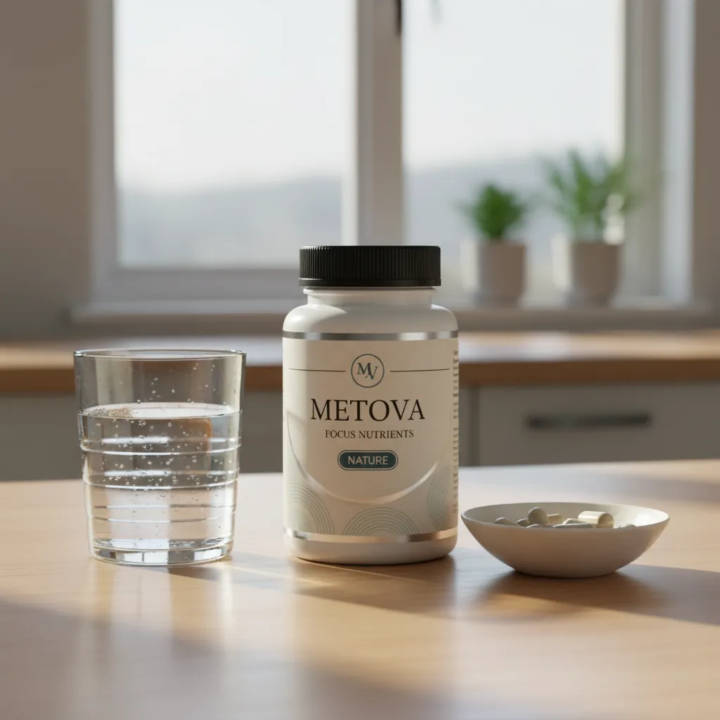Metova Focus Nutrients transparante glazen pot met houten dop op een lichte keukentafel